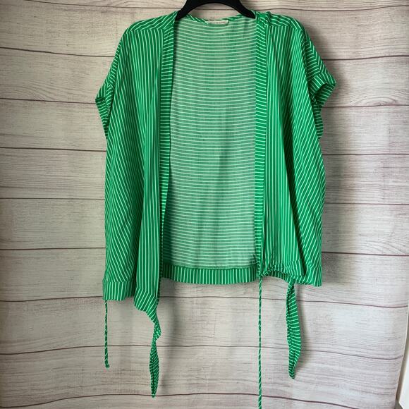 Olive & Leaf Green and White Striped Wrap Front Blouse Tie Bottom Size Large - Picture 4 of 11
